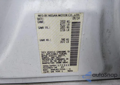 2015 Nissan Altima 2.5 Sv from USA, damaged, VIN 1N4AL3AP0FC172311